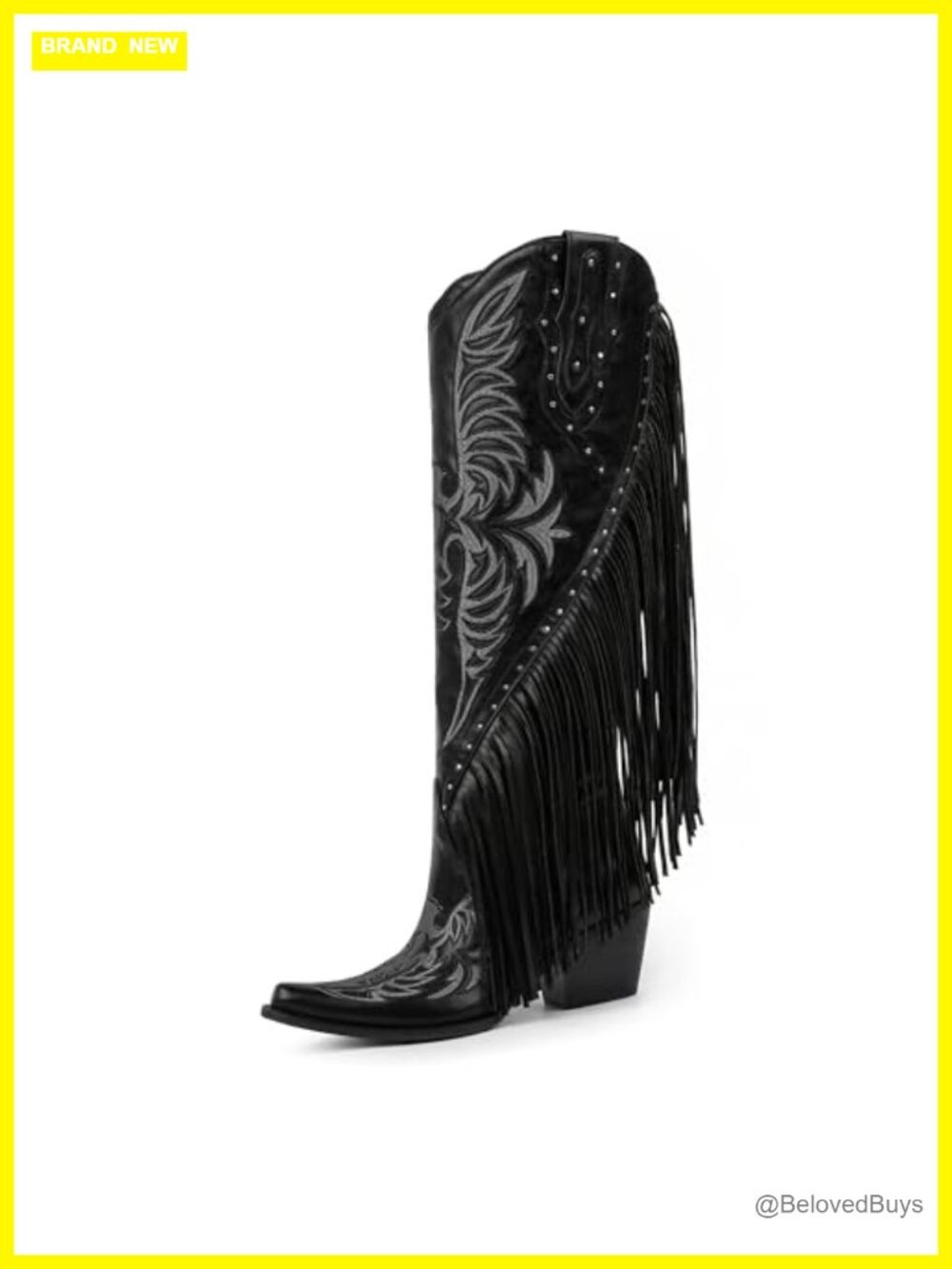 Faux Leather Fringe Cowboy Boots Pointed Toe Knee High Western Boots